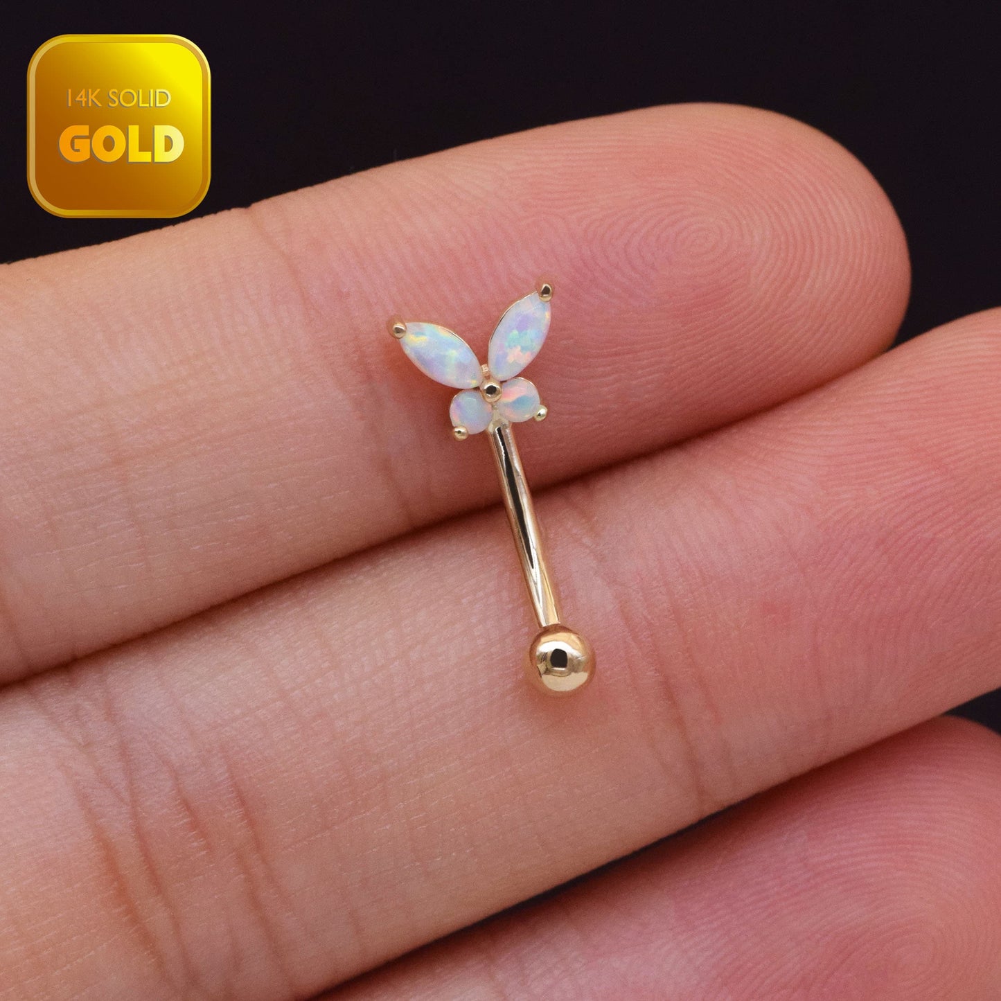 14K Solid Gold Butterfly Opal Curved Barbell 16G