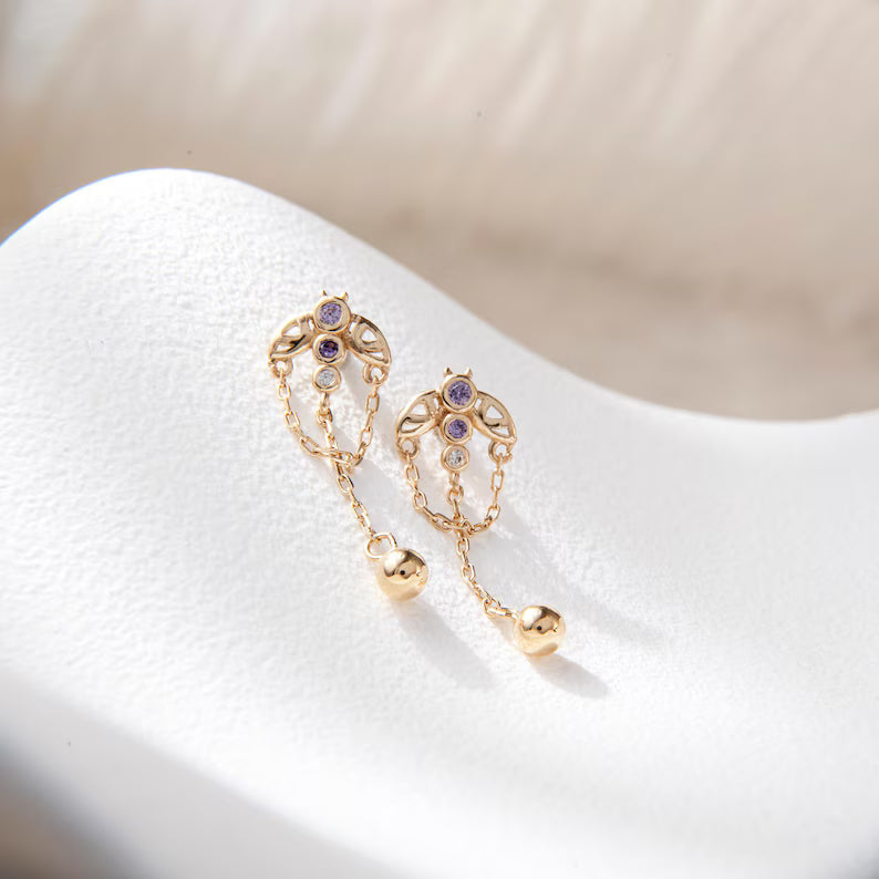 14K Gold Butterfly Chain Stud Earring
