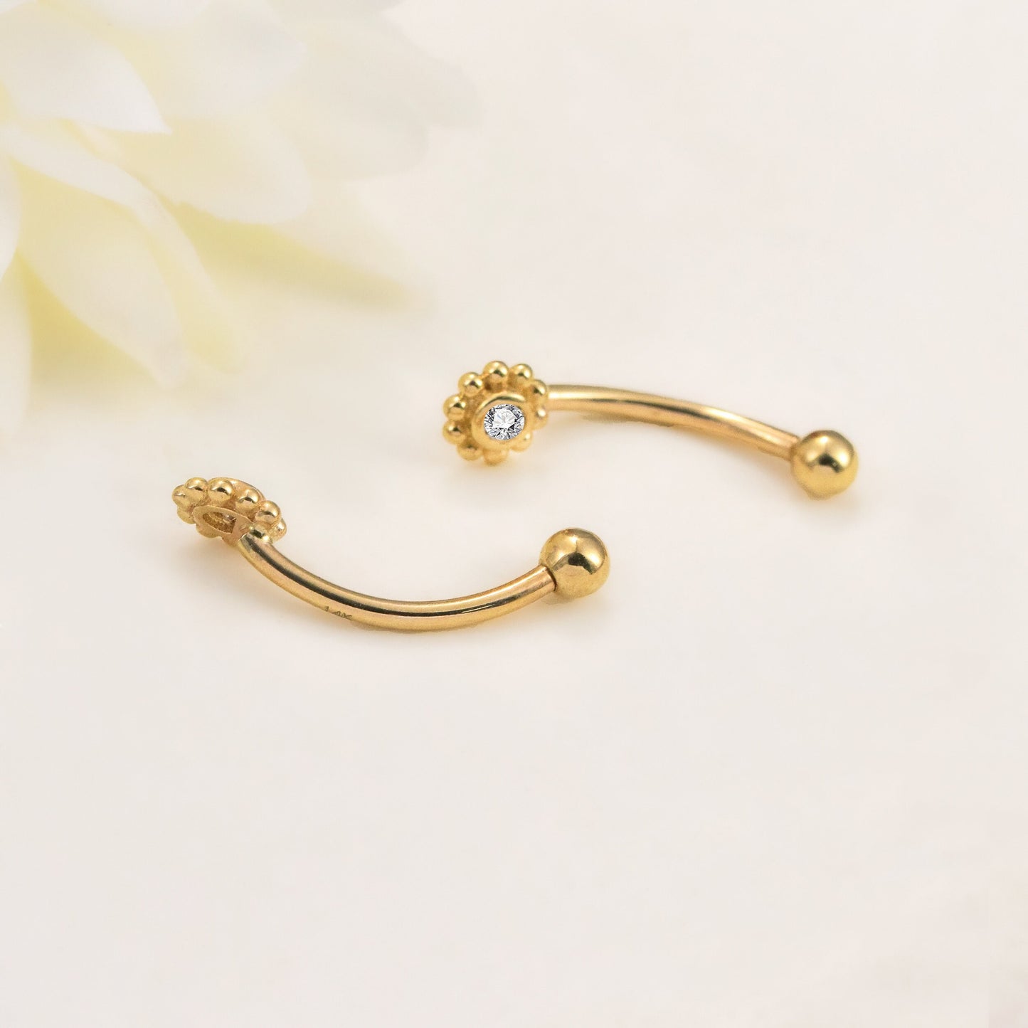 14K Solid Gold Sunflower Rook Piercing Curved Barbell Cubic Zirconia Belly Button 16g