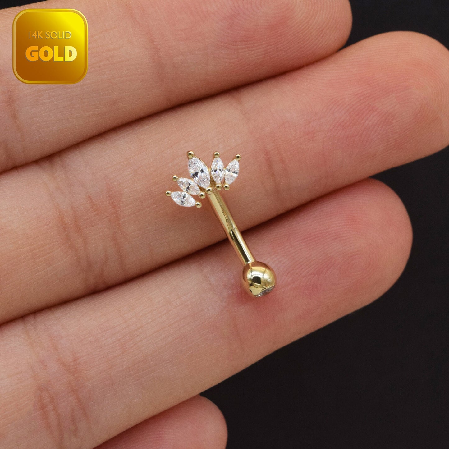 14K Solid Gold Cubic Zirconia Crown Belly Ring Tiara Navel Piercing 14G