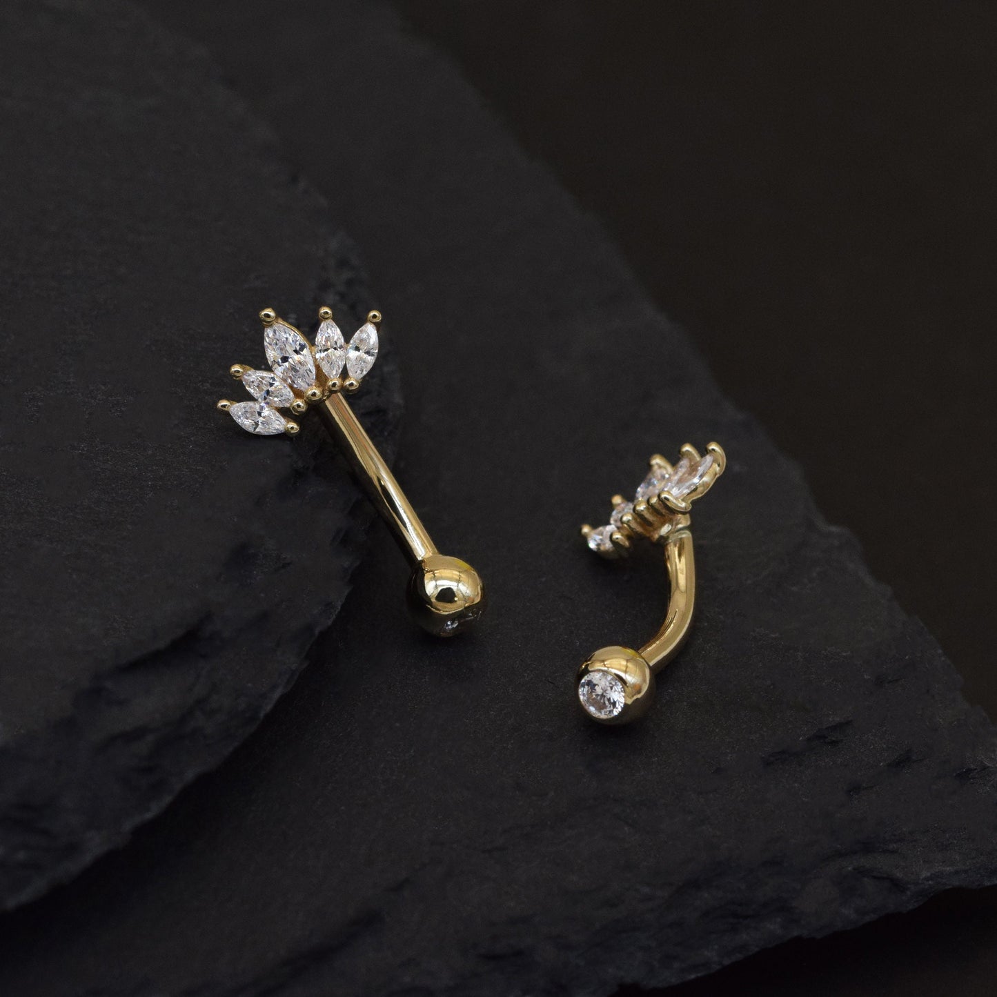 14K Solid Gold Cubic Zirconia Crown Belly Ring Tiara Navel Piercing 14G