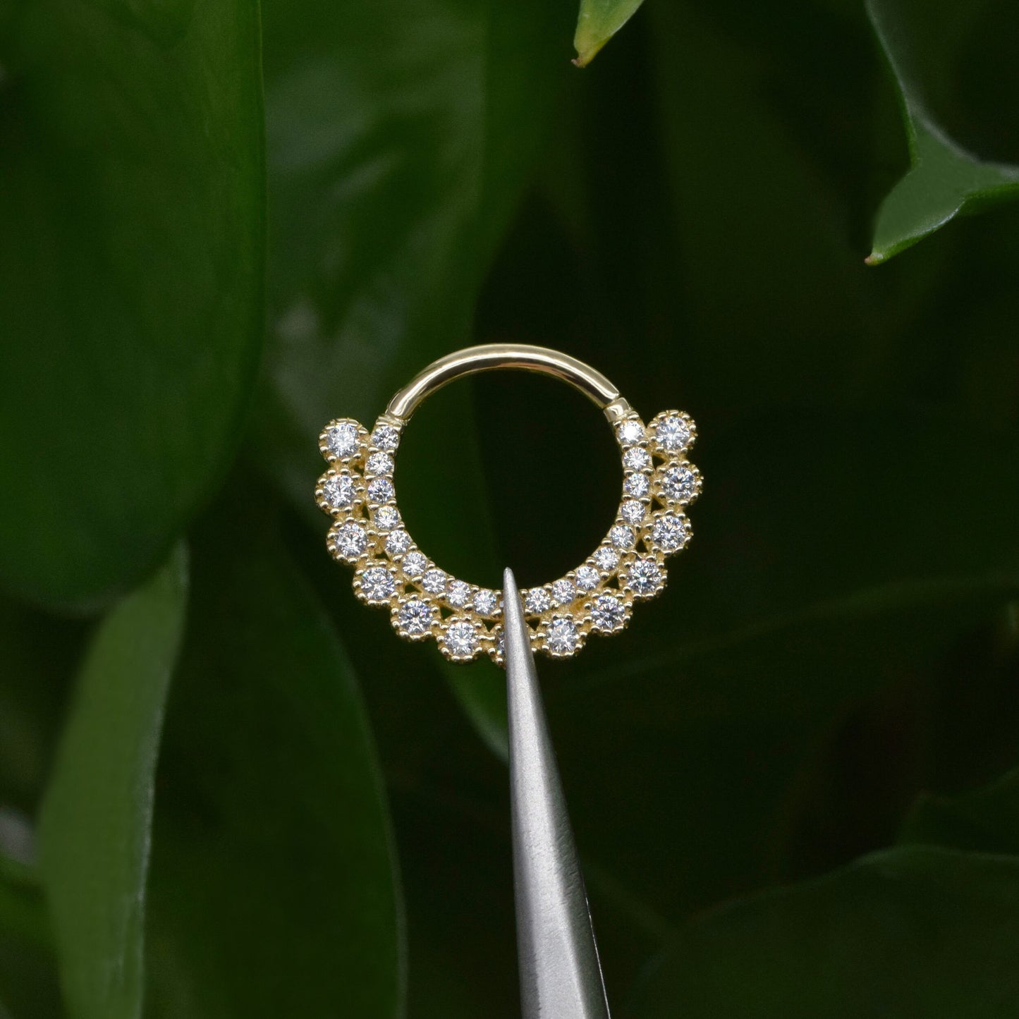 14K Solid Gold Double Row Septum Cubic Zirconia Daith Hoop 16g