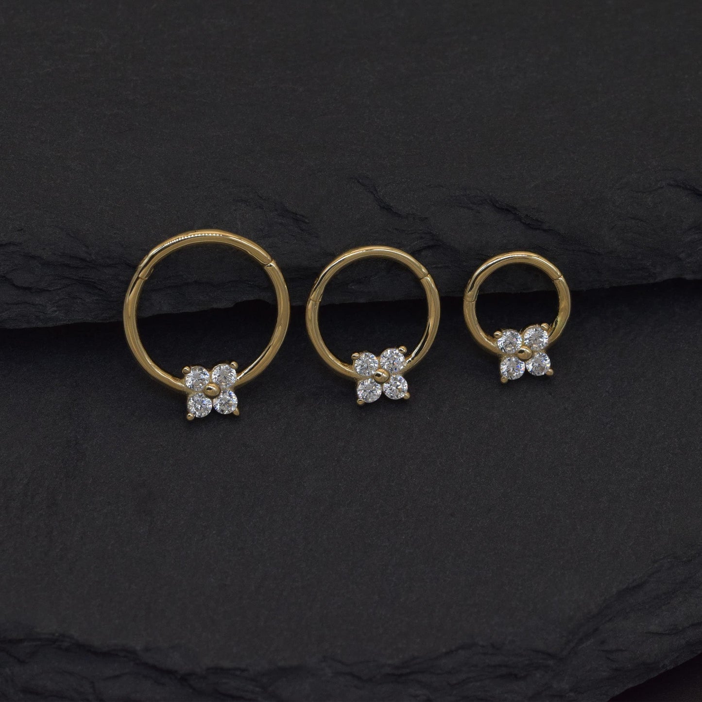 14K Solid Gold Flower Hoop Clicker Diamond Nose Ring Septum 18G
