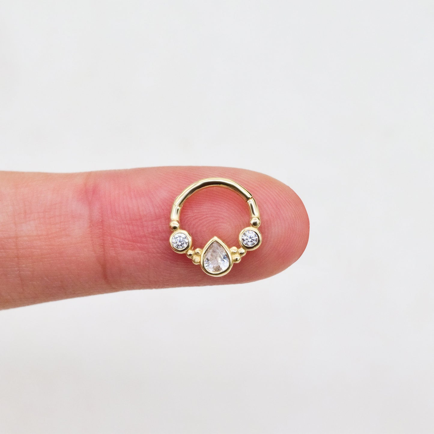 14K Solid Gold Teardrop Bezel Hoop Septum Nose Ring Cartilage Daith 16g
