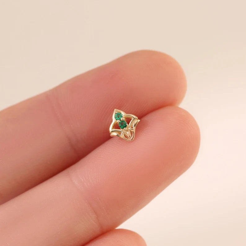 14K Solid Gold CZ Flower Helix Flat Back