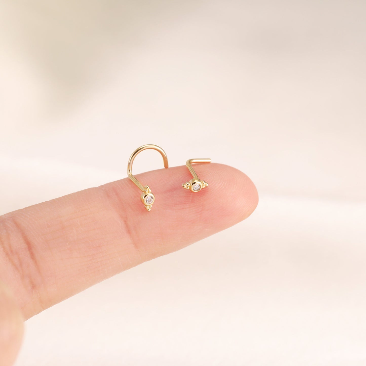 14K Solid Gold S/L Shape Beaded Nose Stud Gemstone 20g