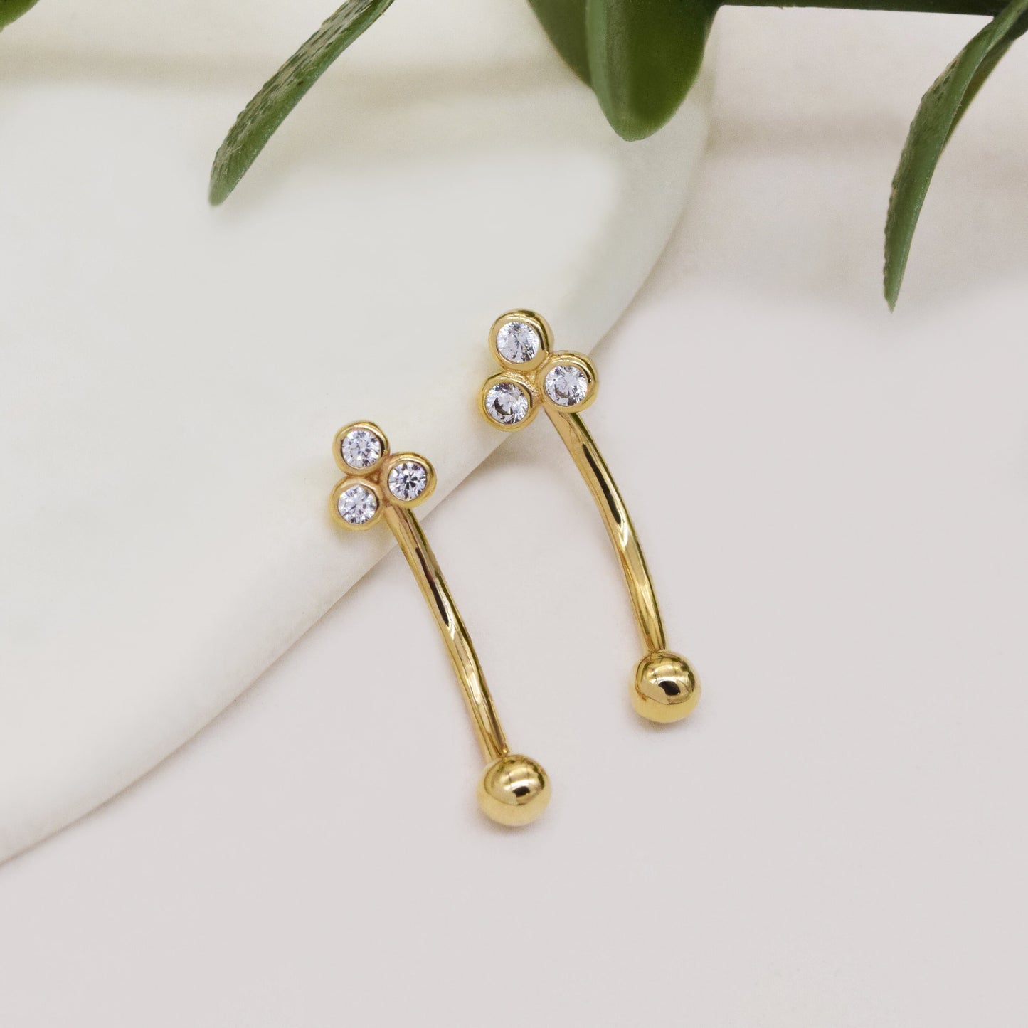 14K Solid Gold Floral Cubic Zirconia Curved Barbell Earring 16G