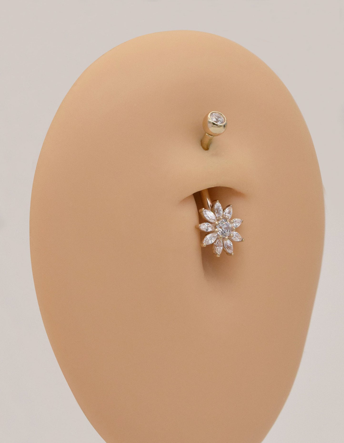 14K Solid Gold Flower Belly Ring Sunflower Cubic Zirconia Navel Piercing 14G