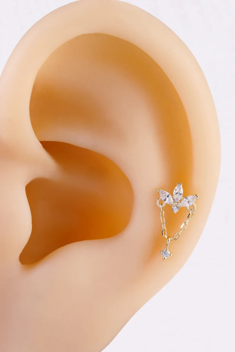 14K Gold Marquise Chain Cartilage Earring 20g