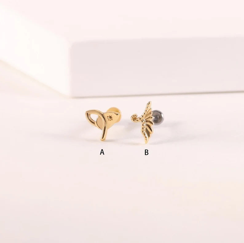 14K Gold Grass Leaf Cartilage Stud Flat Back Earring