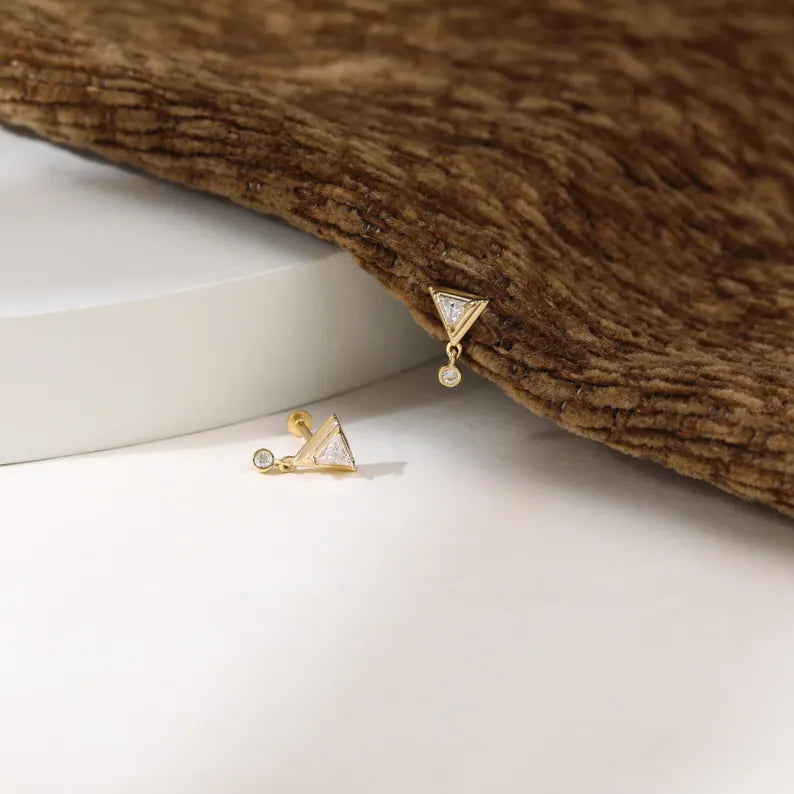 14K Gold Triangle Dangle Stud Earring