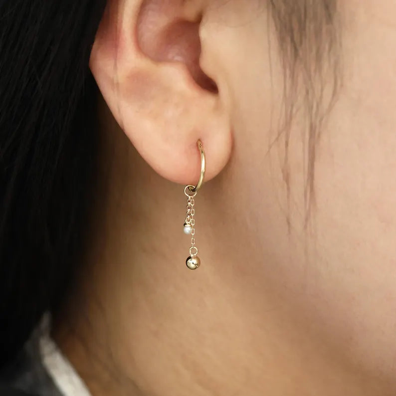 14K Gold Pearl Ball Dangle Chain Helix Earring