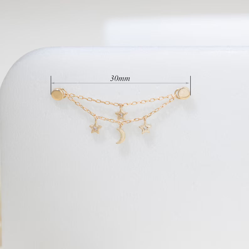 14K Solid Gold Moon Star Chain Charm