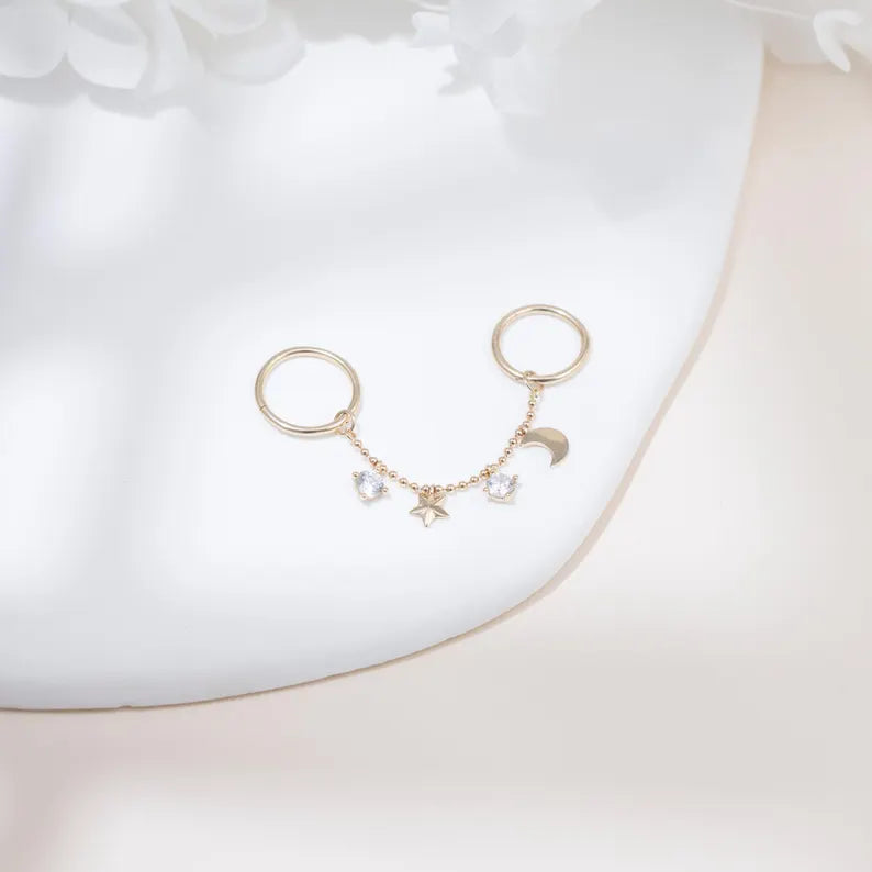 14K Solid Gold Moon & Star Chain Piercing