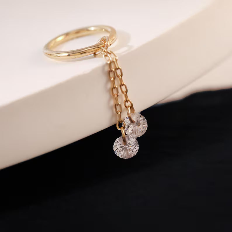 14K Gold Double Chain CZ Cartilage Hoop Charm