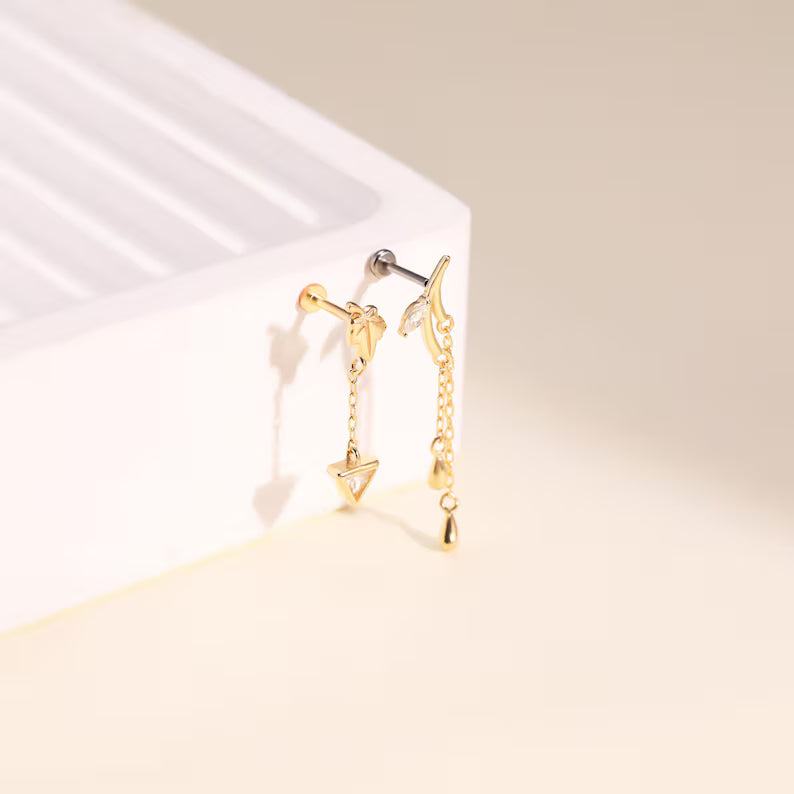 14K Gold Leaf Dangle Cartilage Stud