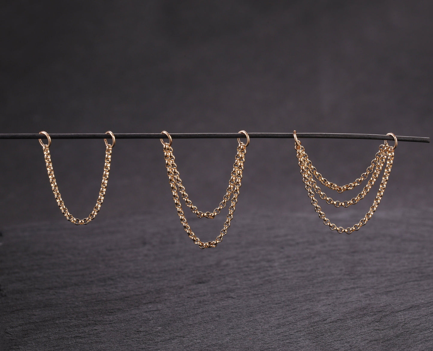 14K Solid Gold Triple Chain Earring Double Chain Piercing Helix Link Connector