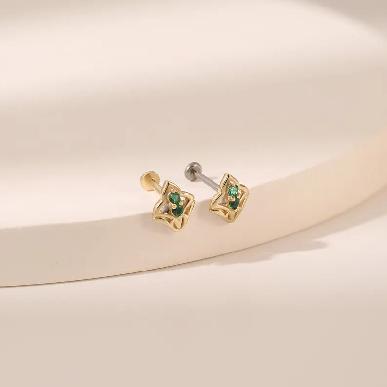 14K Solid Gold CZ Flower Helix Flat Back