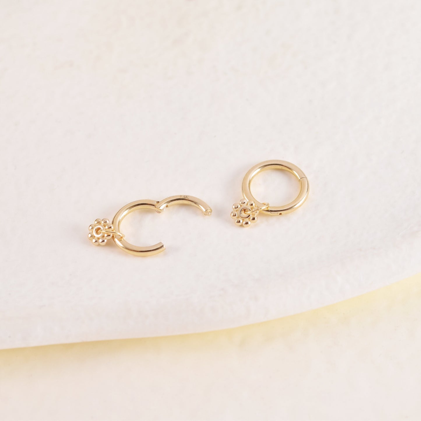 14K Solid Gold Flower Charm Earring Tiny Dot & Circle Stud for Cartilage