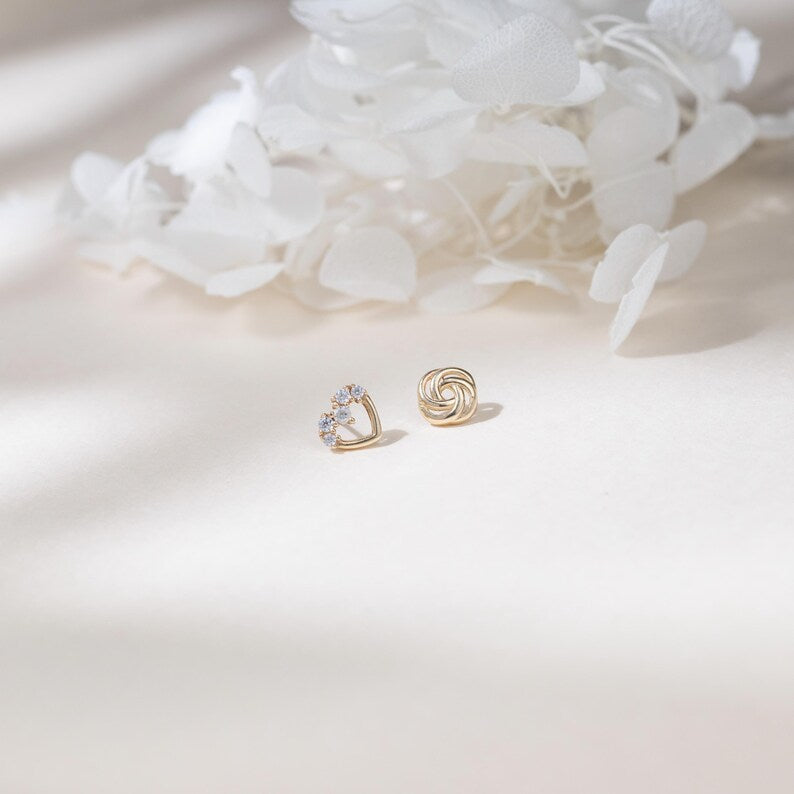 14K Solid Gold Mismatched Studs – Heart & Rose