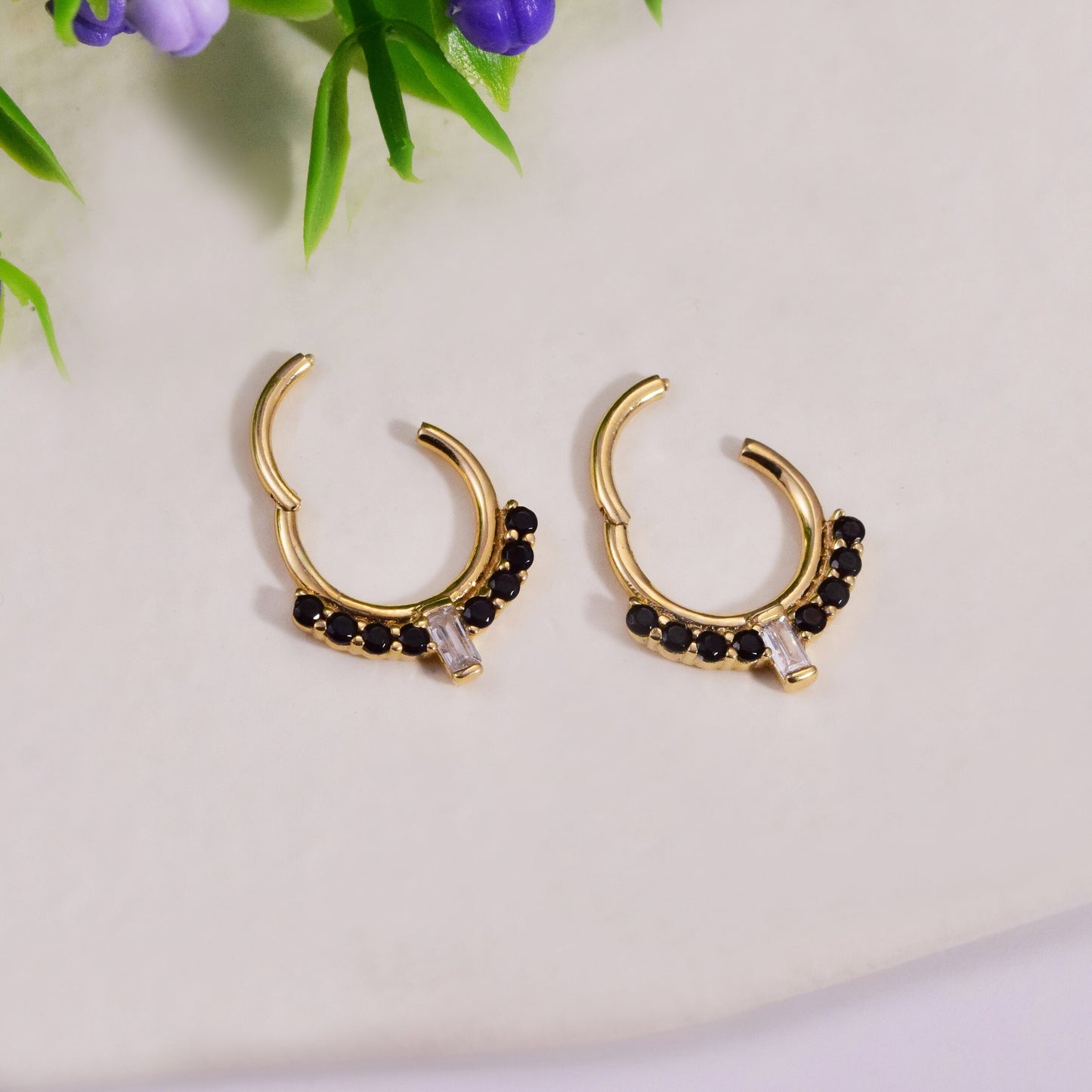 14K Solid gold baguette black stone clicker 16g hoop for septum
