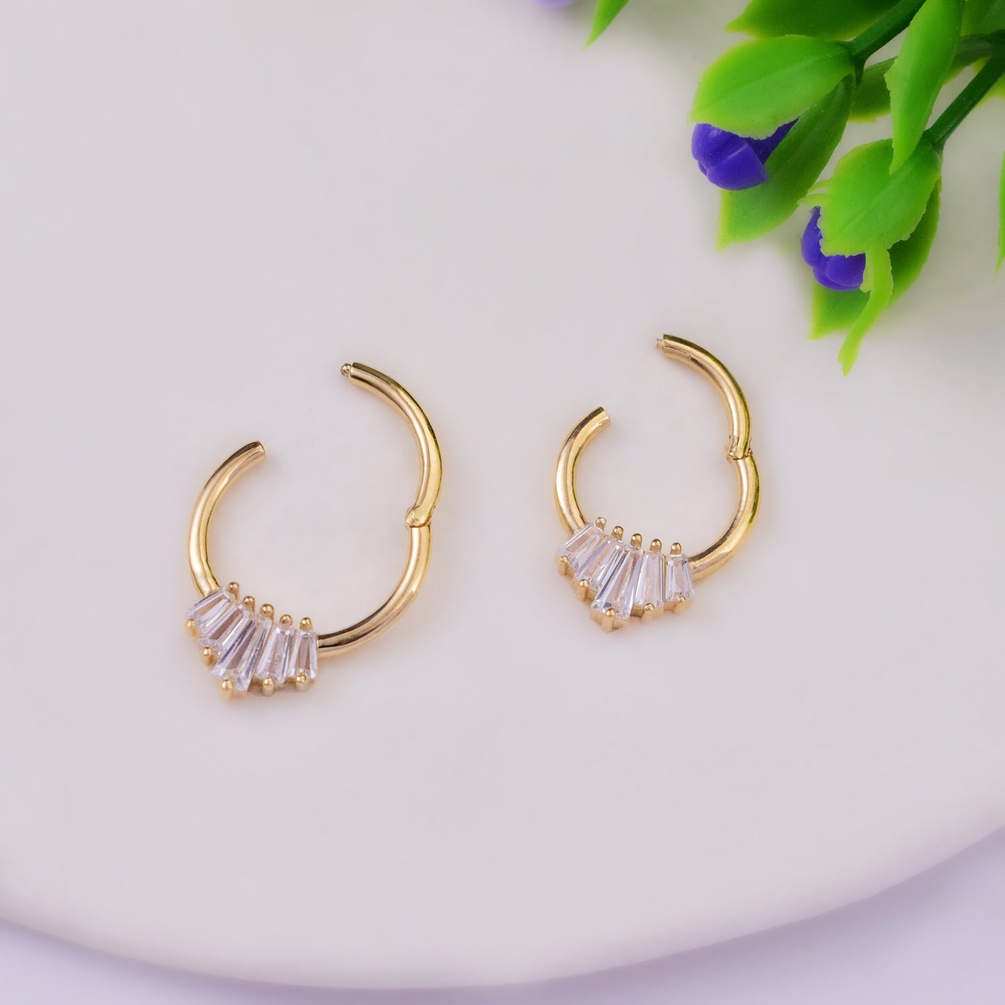 14K Solid Gold Baguette Daith Septum 16g Nose Cartilage Clicker Hoop