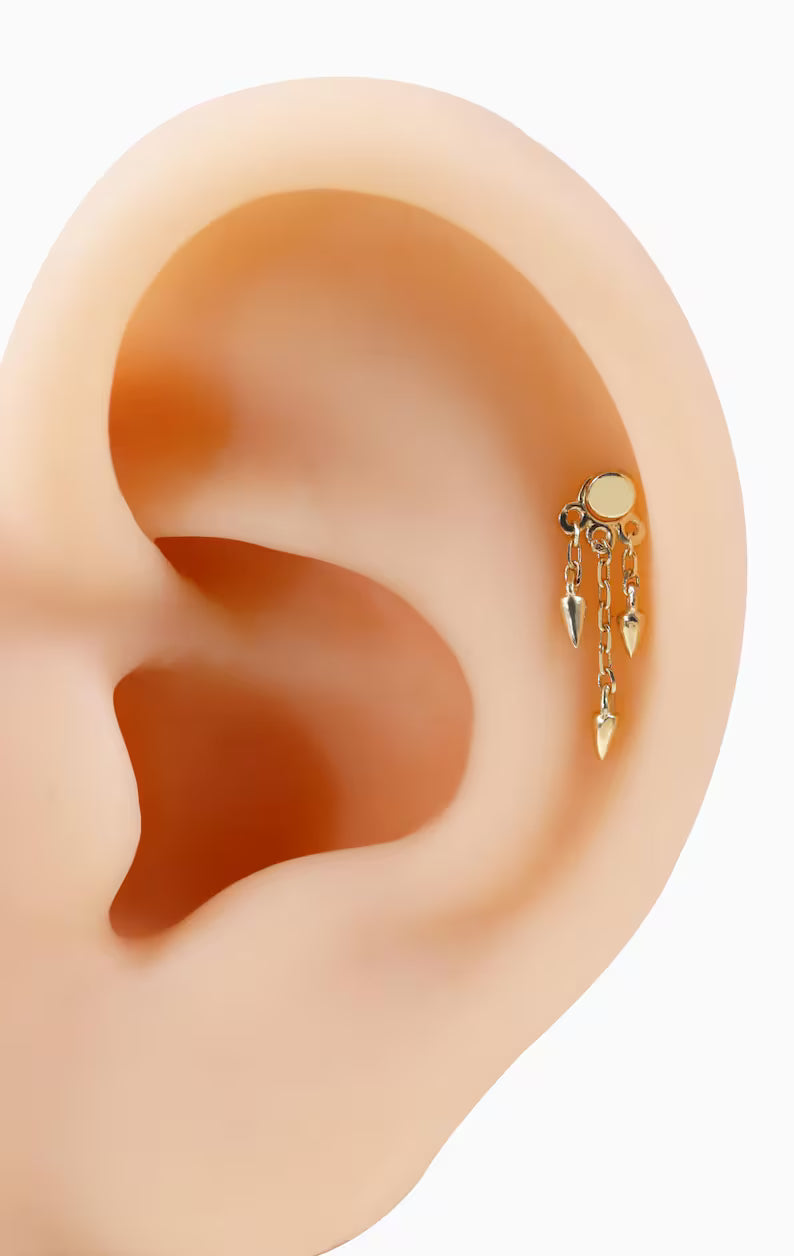 14K Gold Dangle Cone Triple Chain Tragus Earring