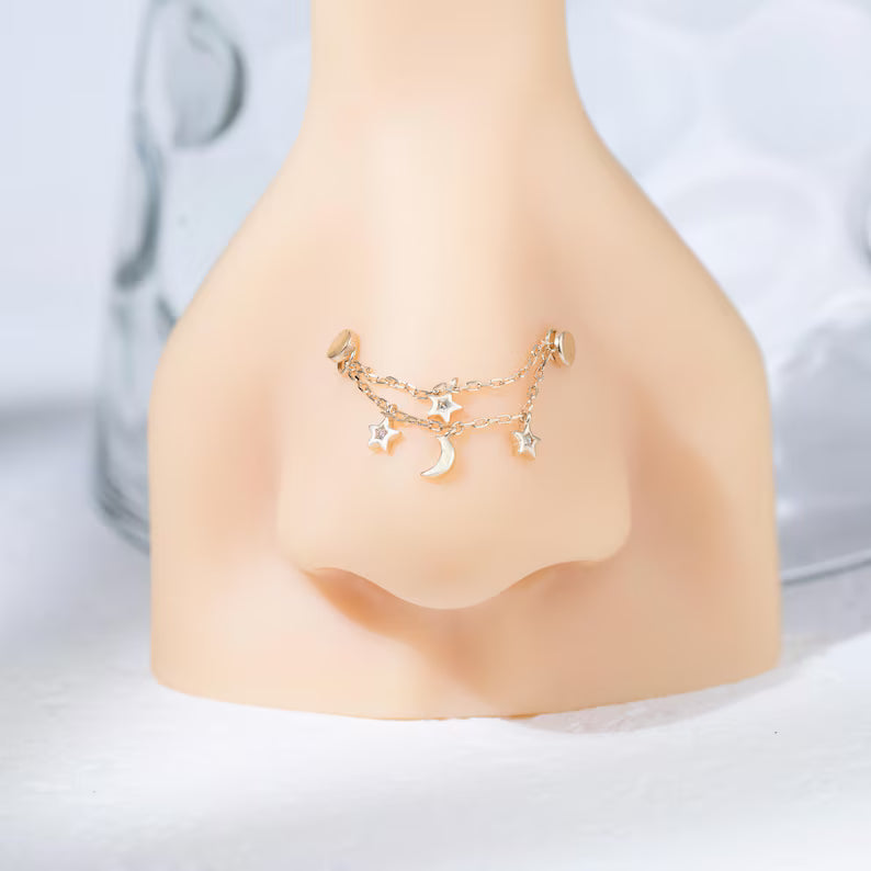14K Solid Gold Moon Star Chain Charm