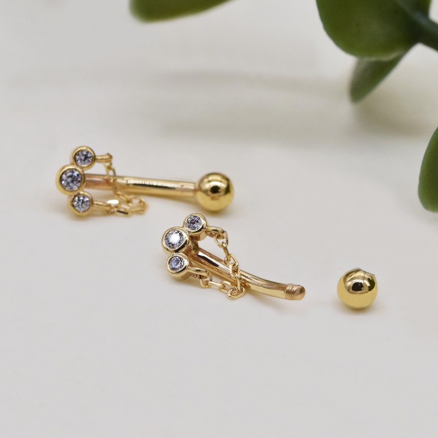 14K Solid Gold 3 Bezel Stone Rook Daith Piercing Chain Curved Barbell