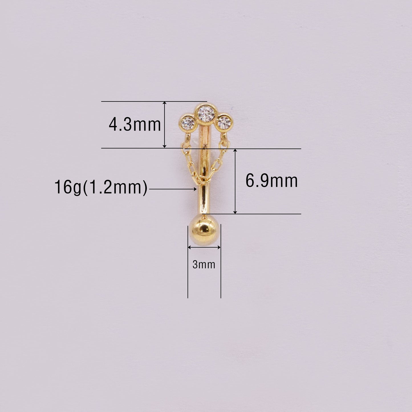 14K Solid Gold 3 Bezel Stone Rook Daith Piercing Chain Curved Barbell