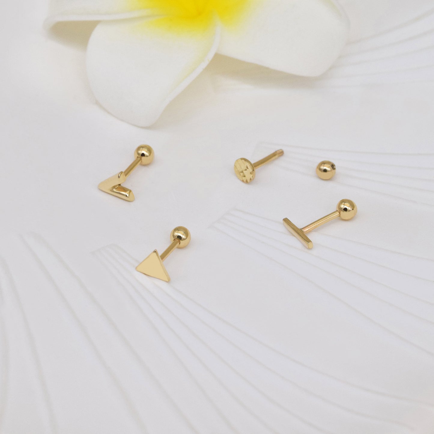 14K Solid Gold Geometric Stud Earrings V Shape Triangle Circle Dot 18g