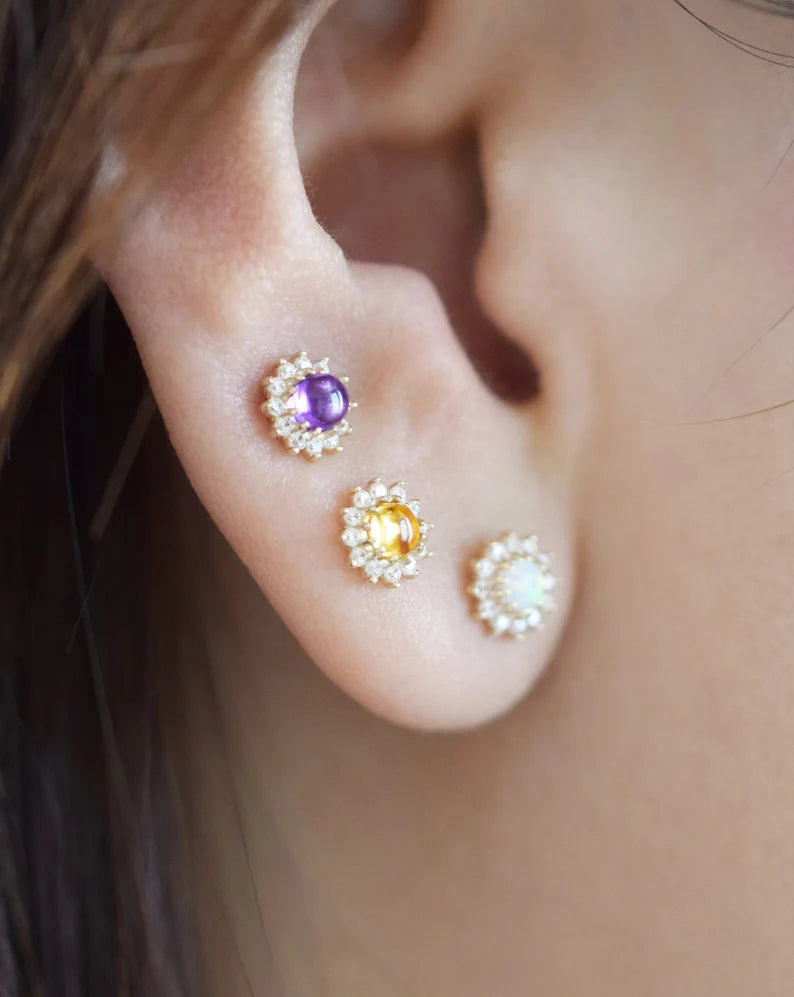 14K Gold Sunflower Opal Cartilage Stud Earring