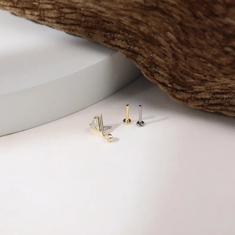 14K Gold Triangle Dangle Stud Earring