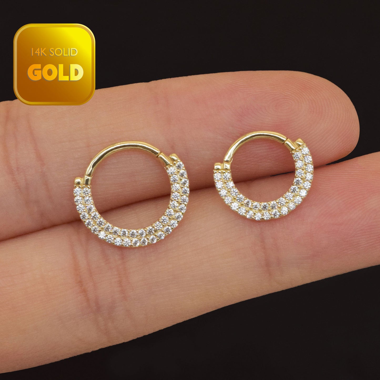 14K Solid Gold Double Row Daith Earring White Cubic Zirconia Septum Ring 18g