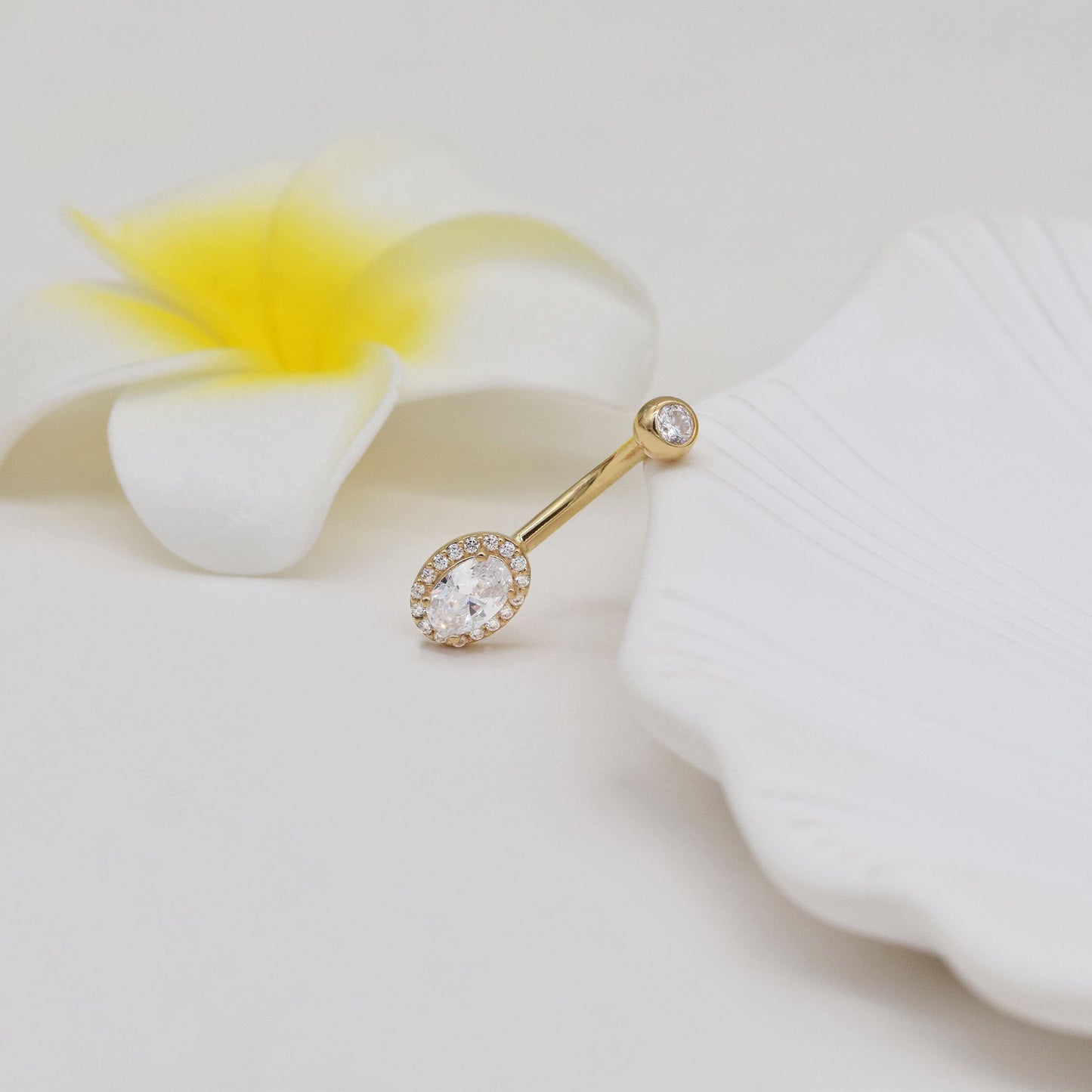 14K Solid Gold Diamond Belly Button Ring 14g Oval Navel Piercing 14g