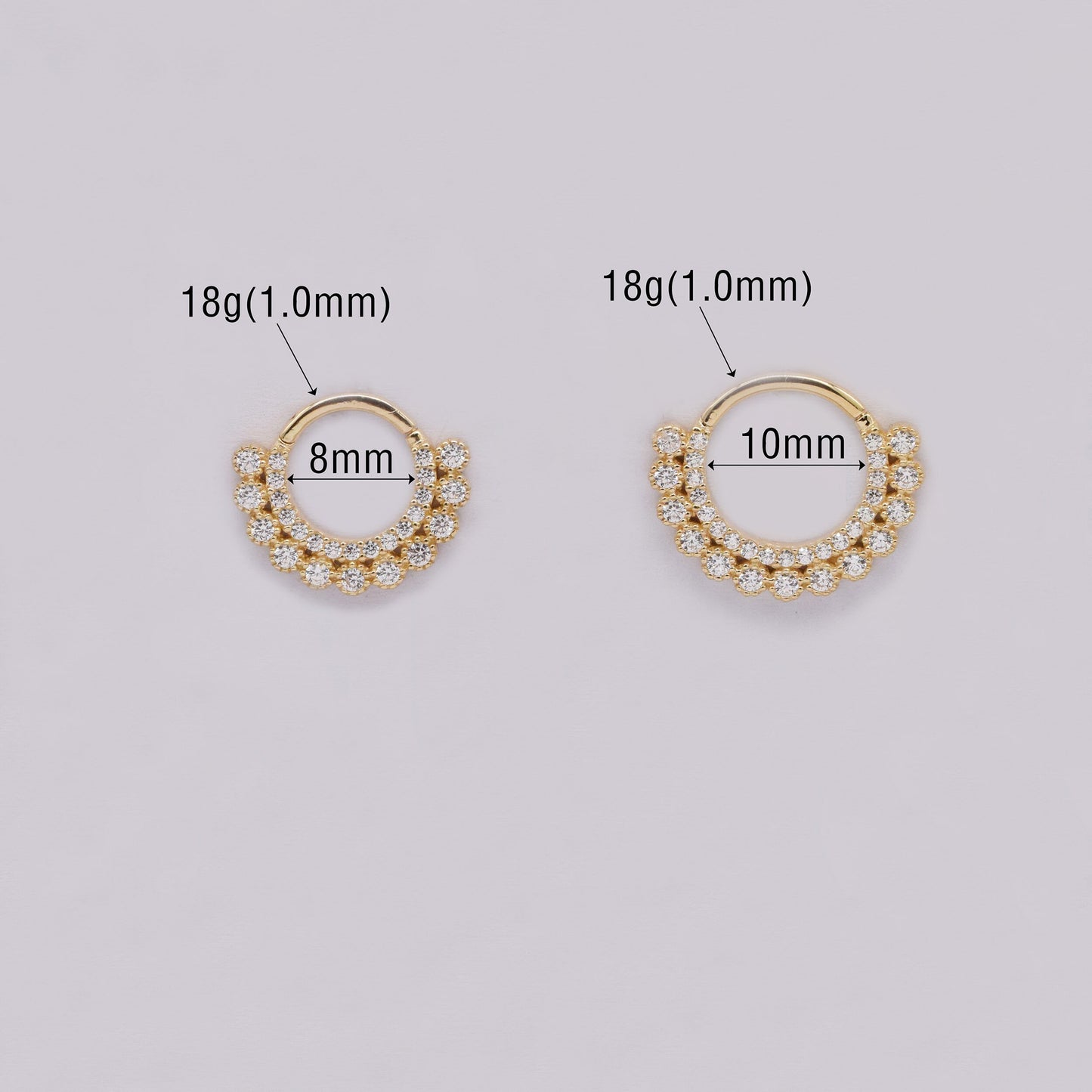 14K Solid Gold Double Row Septum Cubic Zirconia Daith Hoop 16g