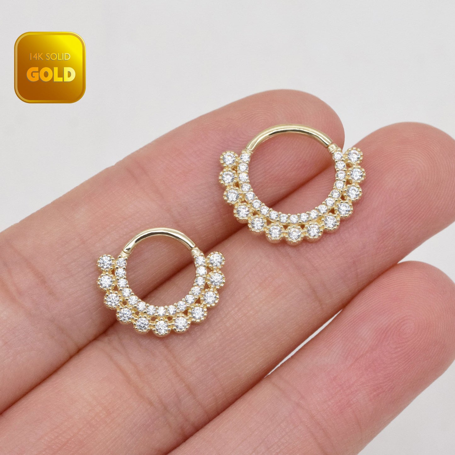 14K Solid Gold Double Row Septum Cubic Zirconia Daith Hoop 16g
