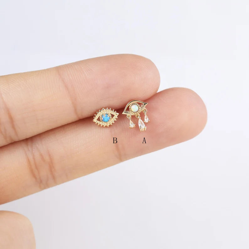14K Gold Opal Evil Eye Stud