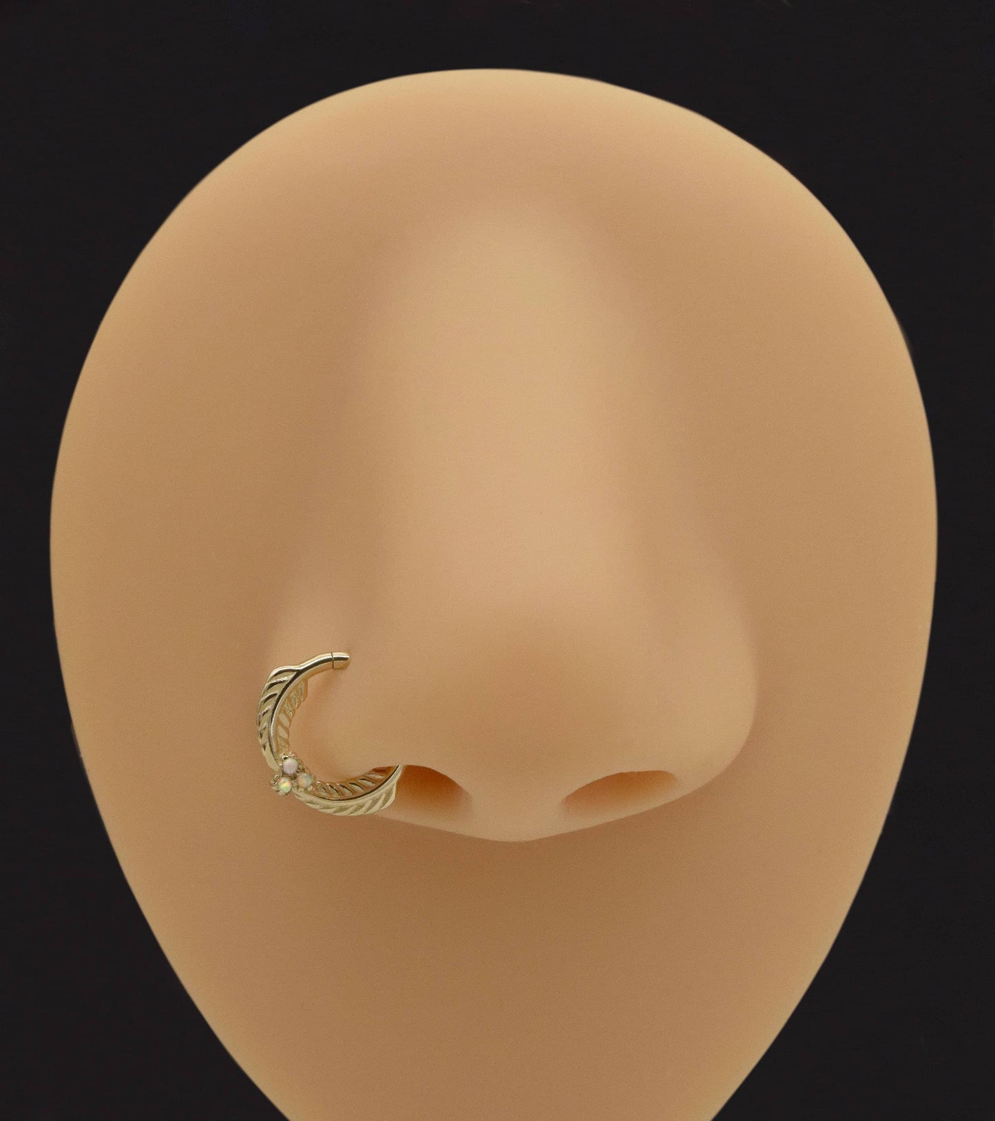 14K Solid Gold Cartilage Hoop Leaf Opal Clicker 16G