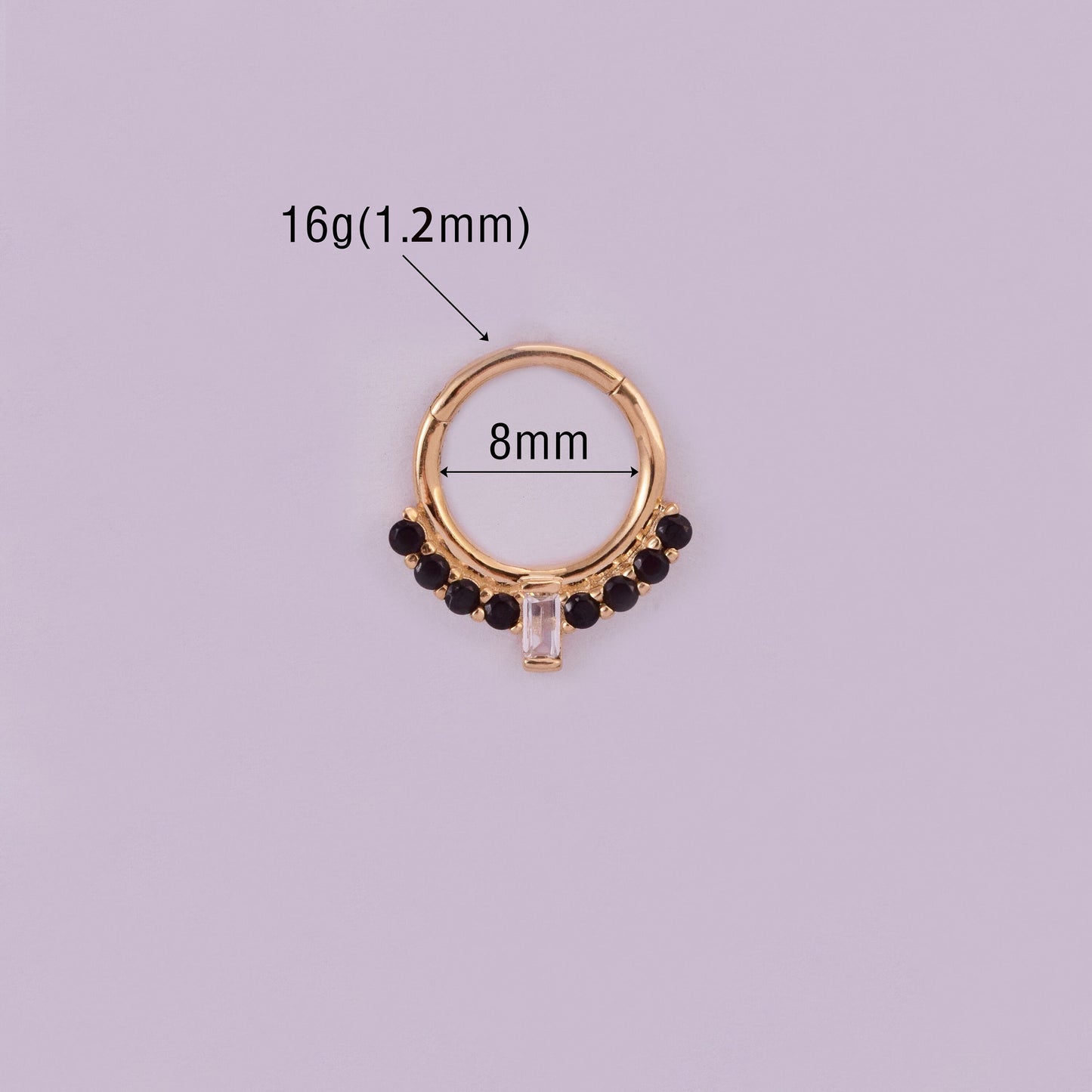 14K Solid gold baguette black stone clicker 16g hoop for septum