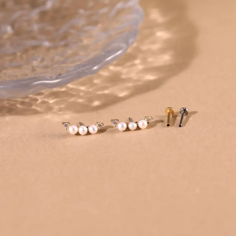 14K Solid Gold Pearl Climber Stud