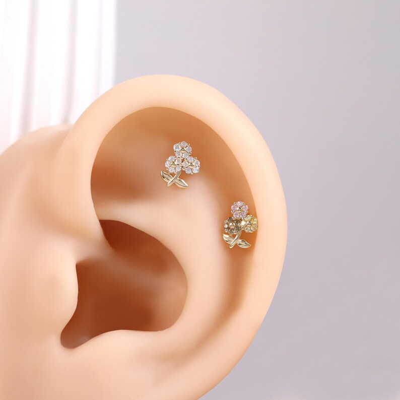 14K Solid Gold Flower Cartilage Stud Flat Back