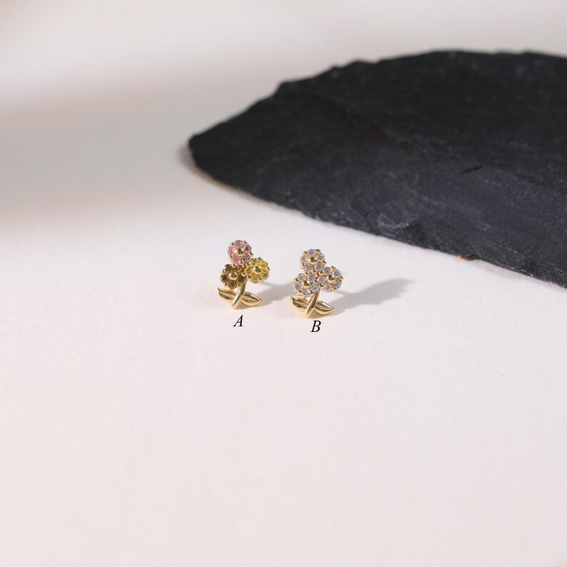 14K Solid Gold Flower Cartilage Stud Flat Back