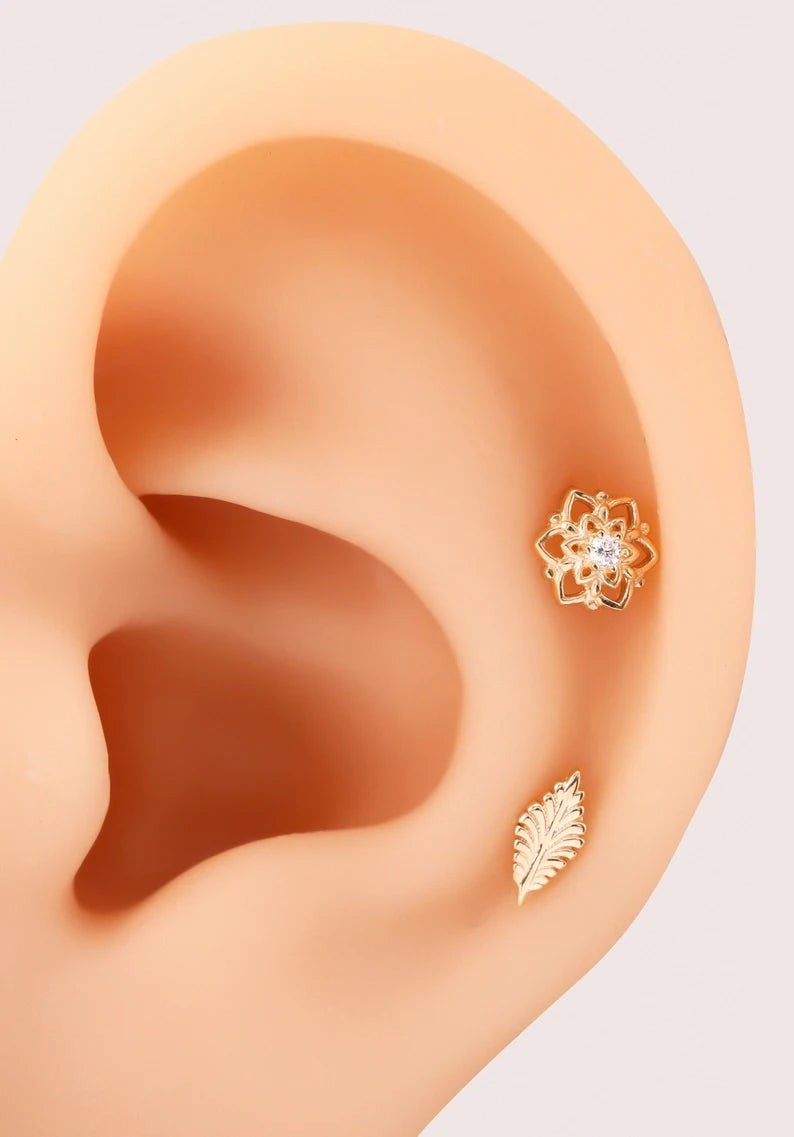 14K Gold Mandala Helix Stud Earring