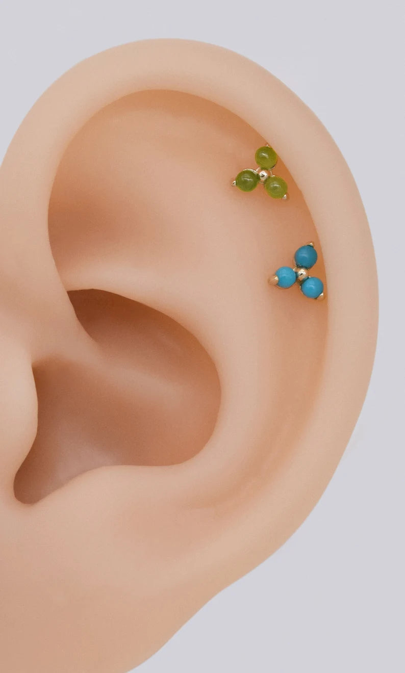 14K Solid Gold Turquoise & Jade Cartilage Stud Earring