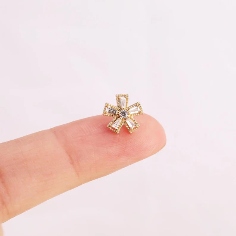 14K Solid Gold Snowflake Flower Cartilage Helix Tragus Stud