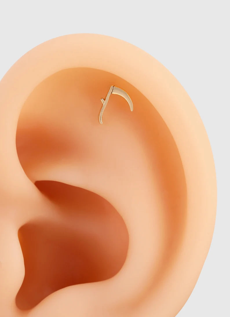 14k Solid Gold Curved Scythe Sickle Cartilage Stud