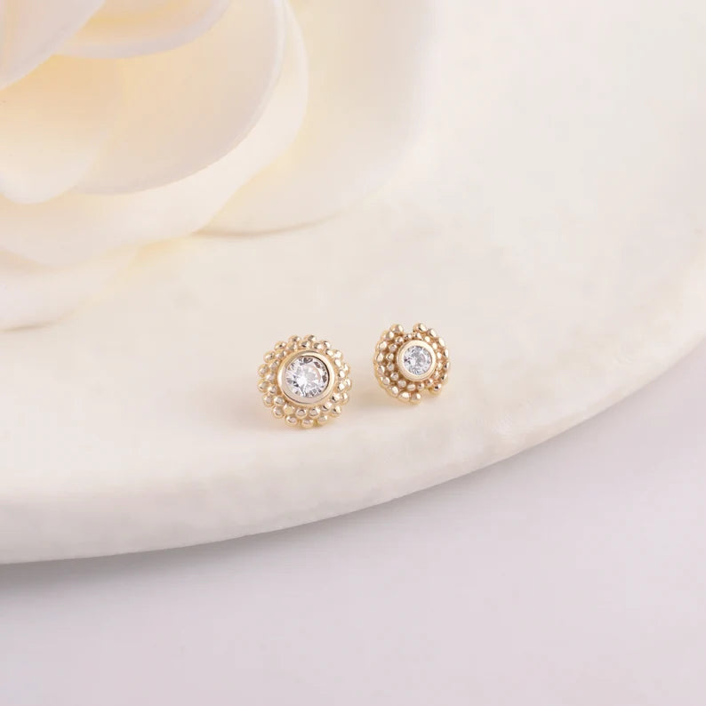 14K Solid Gold Sun Beaded Stud