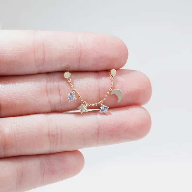 14K Solid Gold Moon & Star Chain Piercing