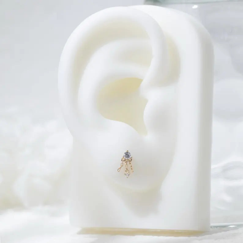 14K Gold Double Chain Cartilage Earring